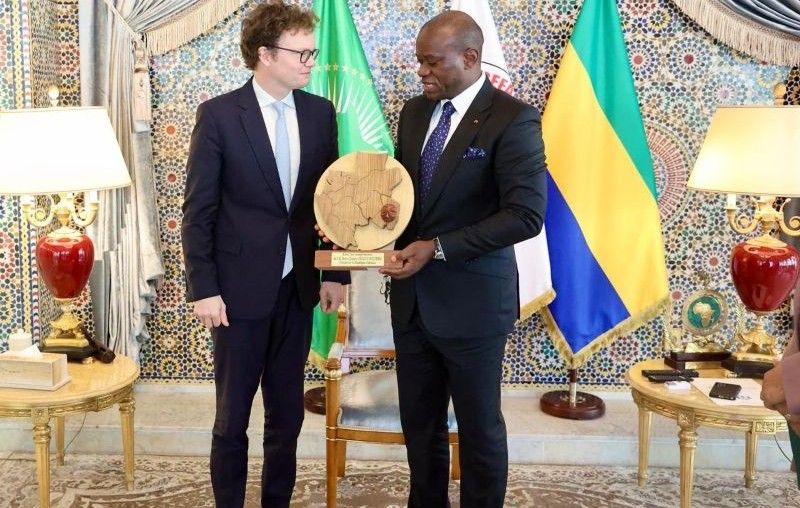 Le président gabonais Oligui Nguema et l'ambassadeur britannique Simon Day lors d'une audience au Palais
