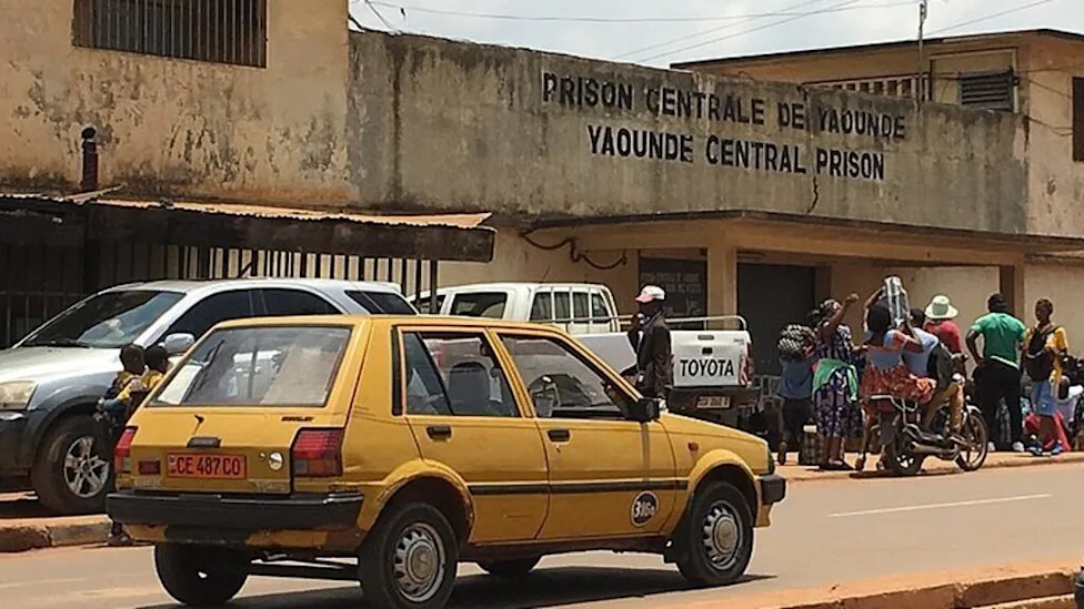 Portrait officiel d'un bâtiment administratif à Yaoundé avec des drapeaux camerounais